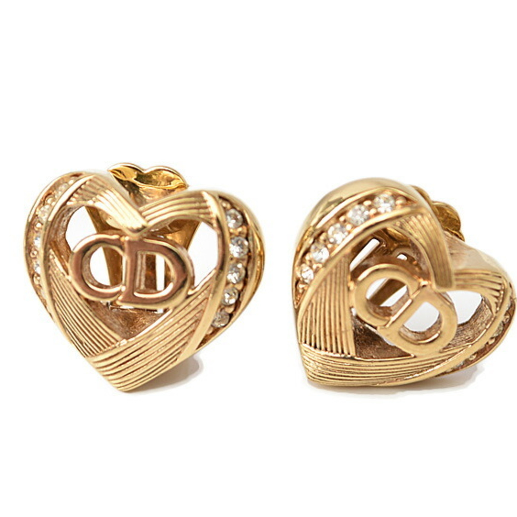 Christian Dior Earrings Heart Motif Rhinestone Gold 396$
